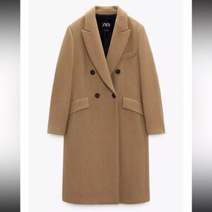 Zara Wool Blend Camel Tan Brown Double Breasted Coat - S